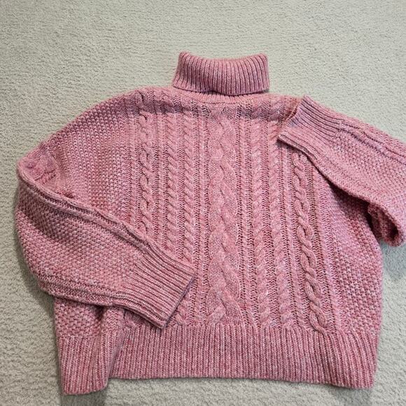 J. Crew Pink Cable Knit Turtleneck Sweater Wool Blend Women's Sz S Oversized - Picture 1 of 10